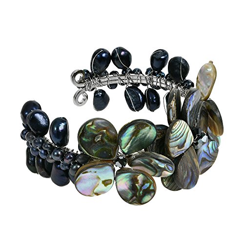 Aeravida Stylish Abalone Shell & Cultured Freshwater Black Pearl Cluster Flower Cuff Bracelet | Classic Sterling Silver Bangle Bracelet | Jewelry Gift #TOP1