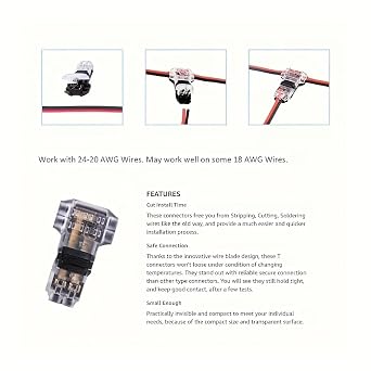 Low Voltage Wire Connectors, HTCELLE 20 Pack T Tap Wire Connectors, T Type 2 Pins Wire Splice Connectors, Solderless No Stripping 3 Way Wire Connector for LED Strip, Automotive Fits 24-20 AWG