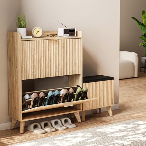 Image of Fluted Shoe Cabinet Storage with Bench, Wood Narrow Hidden Shoe Cabinet with 2 Flip Drawers Wood Legs Adjustable Shelf for Entryway, L-Shaped Shoe Rack Organizer for Foyer Hallway Living Room