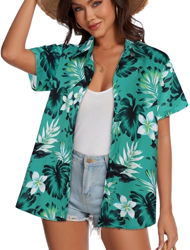 Image of Women Hawaiian Shirt Button Down Summer Tops Beach Short Sleeve Blouse