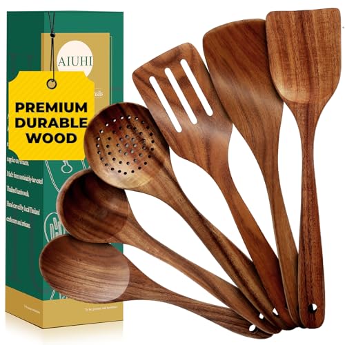 AIUHI-Nonstick-Natural-Wooden-Kitchen-Utensils-Set-Smooth-Finish-Teak-Wood-Spoons-for-Cooking-Comfortable-Grip-Spatula-for-Elaborate-Cooking-6Pcs