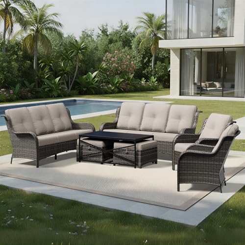 Image of Joyside 7 Piece Wicker Patio Furniture Set, Rattan Patio Chairs with High Back, Deep Seating, Wide Armrest, Thickened Cushions, Outdoor Furniture for Deck, Porch Use