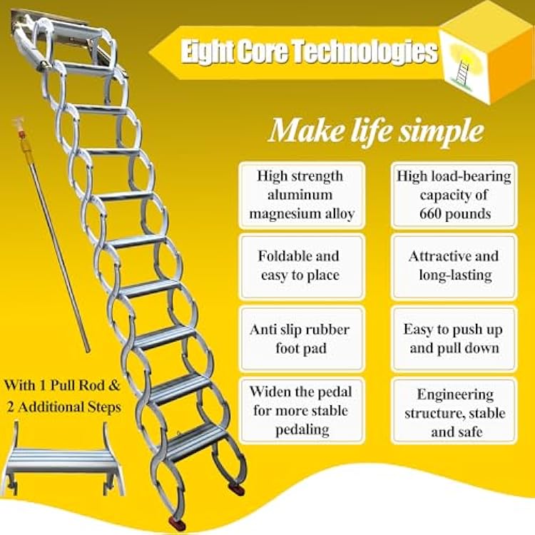 Narrow Wall Mounted Loft Wall Stairs White Pull Down Ladder System 10 Steps Al-Mg Folding Attic Extension Ladder 8.2 FT Height Telescopic Fold Stair with 2 Spare Steps 5.51x21.26 in