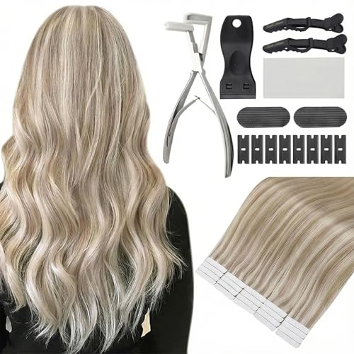 Full Shine Tape in Hair Extensions Human Hair 18 Ash Blonde Highlight 613 Blonde Double Sided Tape Extensions Bundle With Tape in Hair Extension Tools Kit image 4