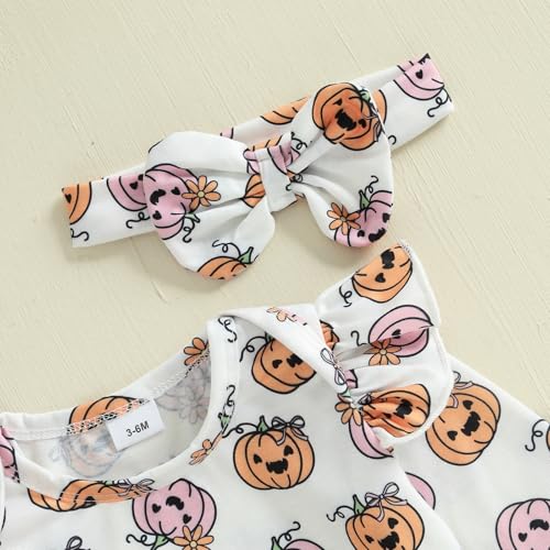 Kupretty Newborn Baby Girl Halloween Outfit Pumpkin Long Sleeve Romper Corduroy Suspender Skirt Headband Overall Dress Set3
