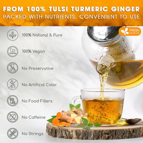 Image of FreshDrinkUS, Premium 75 Tulsi Turmeric Ginger Tea Bags, 100% Natural & Pure from Tulsi Holy Basil Leaves, Turmeric and Ginger. Made with Natural Material Tea Bags. No Sugar, No Caffeine, Vegan.