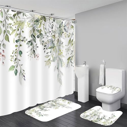 AZHM Sage Green Eucalyptus Plant Shower Curtain Set 4pcs Watercolor Leaves Floral Bathroom Sets with Shower Curtain and Rugs Farmhouse Rustic Bathroom Decor Accessories Set