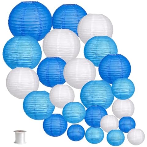 zilue 24pcs Hanging Round Paper Lanterns for Wedding Birthday Party Baby Showers Decoration Blue/White Cover