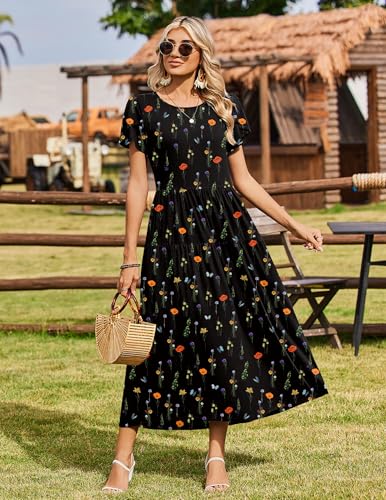 Image of Zeagoo Summer Dresses for Women 2026 Maxi Bohemian Floral Short Sleeve Long Dress Casual Flowy Tired Beach Sundress