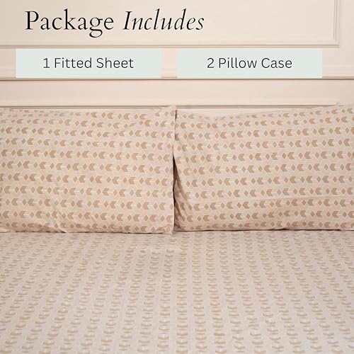 Image of Amazon Brand - Umi Cotton Fitted Bedsheet, Queen Size 78x60 Inches, Elastic Fit Bed Sheet, 10 Inch Deep Pocket, Soft Breathable Bedding, Durable Easy Care, with Pillow Cover-Ivory Matrix