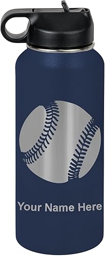 Vista 258 de LaserGram Botella de agua personalizada, pelota de béisbol, acero inoxidable de doble pared aislada al vacío con popote superior, regalo grabado