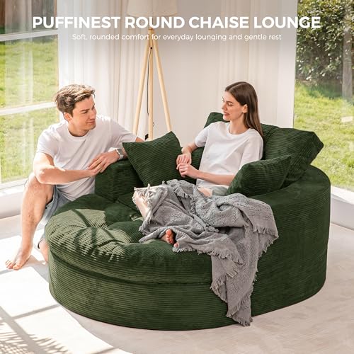Image of MAXYOYO Oversized Round Chaise Lounge Sofa, Upholstered Lounge Chair with 3 Pillows, Boneless Sofa Couch with Ottoman, Deep Seat Chair for Living Room, Bedroom, No Assembly, Dark Green