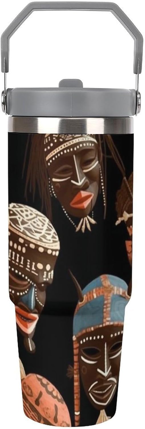 30oz Insulated Tumblers with Top Handle, Stainless Steel African Ritual Ethnic Tribal Car Cup with Straw for Gift, Leak-Proof Double Wall Vacuum Travel Mug, Personalized Water Bottles White