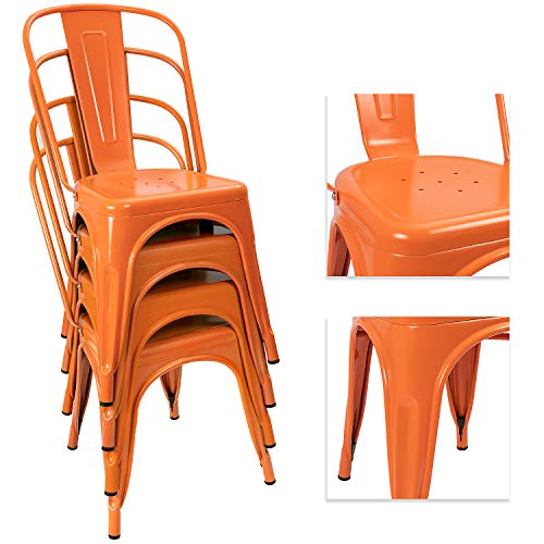 Image of Devoko Metal Indoor-Outdoor Chairs Distressed Style Kitchen Dining Chairs Stackable Side Chair with Back Set of 4 (Orange)