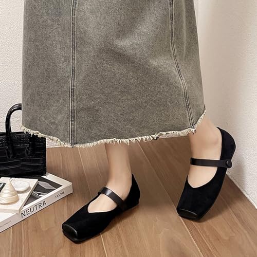 Women's Fashionable Square Toe Suede Flat Bottomed Mary Jane Shoes Comfortable and Casual Square Toe Ballet Flat Shoes4