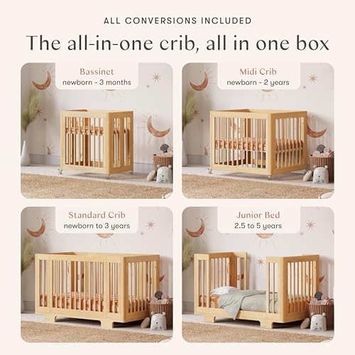 Image of Babyletto Yuzu Convertible All-Stages Bassinet, Midi, Full-Size Crib in Natural, Greenguard Gold Certified, Portable & Adjustable with Conversion Kits and Pads Included