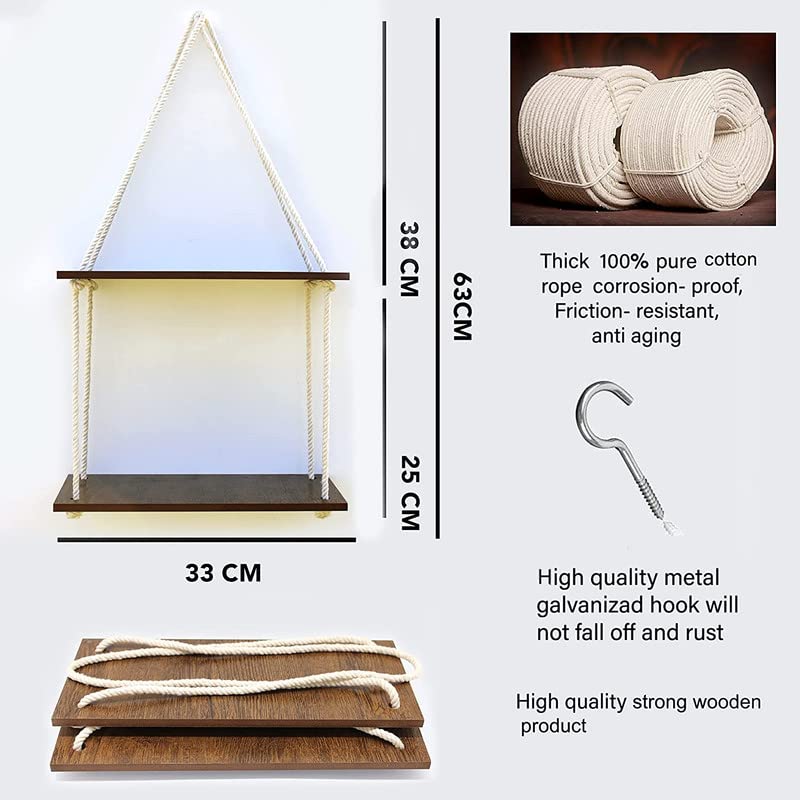 Image of VAH Wooden 2 Layer with White Jute Rope Wall Floating Laminated Wall Decor Wall Shelf for Home, Offices, Restaurants, Cafe Decoration