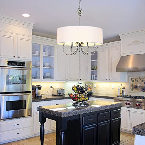 T&A Talent And Art Modern Nickel 5-Light Chandelier With White Linen Drum Shade,20" Simple Chain Pendant Light Lights For Foyer Dining Room Living Room #TOP6