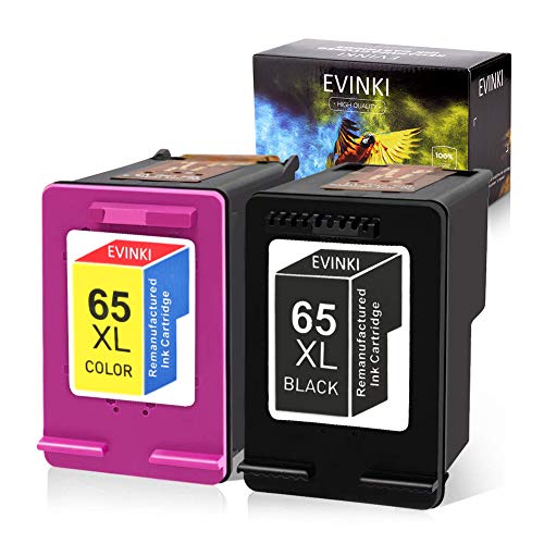EVINKI Remanufactured Ink Cartridges Replacement for HP 65XL 65 XL,Upgraded Chip,Show The Ink Levels,Ink Cartridges 65xl N9K04AN N9K03ANL for Envy 5055 5052 5058 (Black, Tri-Color, 2-Pack)