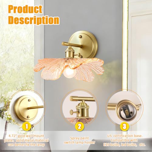 Image of Unique Wall Light Set of 2 with Amber Glass Petals Over Mirror | Vintage Wall Sconce Set of 2 Bathroom Vanity Lights, flower Glass Shade &Gold Brass E26 Base, Easy to install, For Hallway