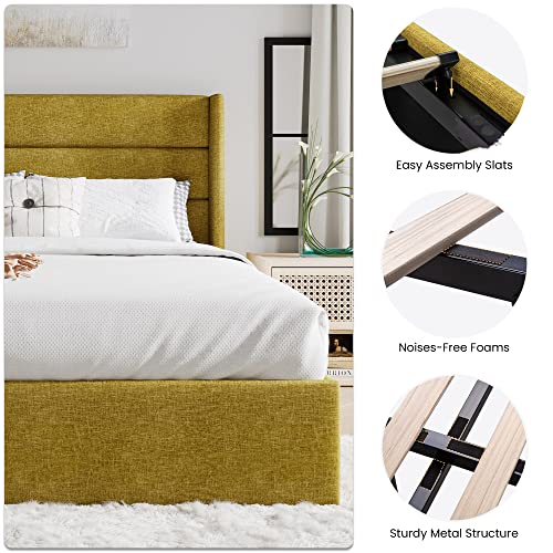 SHA CERLIN Full Size Lift Up Storage Bed/Modern Wingback Headboard/Upholstered Platform Bed Frame/Hydraulic Storage/No Box Spring Needed/Wood Slats Support/Olive Yellow