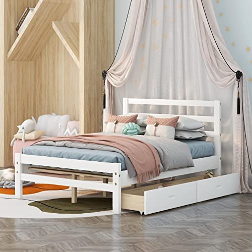 Harper & Bright Designs Full Bed Frame With Drawers, Kids Platform Full Bed With Storage, Solid Wood, No Box Spring Needed (White,Full) #TOP12