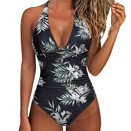 Bañadores Mujer Sexy, Reductores Barriga Espalda Expuesta Vientre Plano Ropa de Baño, Traje de Baño de Una Pieza Mujer Fruncido, Bañador Natacion Halter Cuello en V Push Up Traje de baño Acolchado