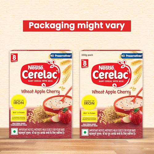 Image of CERELAC Baby Food Cereal | No Preservatives | Wheat Apple Cherry for 8 to 24 Months Baby | Source of Iron & Protein for Babies | Instant Cereal | 350g (Weight may vary upwards)