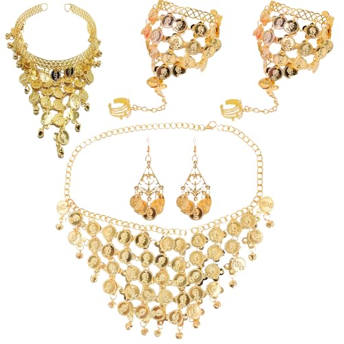6 Pièces Danseuse Orientale, Collier Danse Orientale, Bijoux Indien Femme Bollywood, Bohème Pièce d'Or, Danse du Ventre Plaqué or Pour Femme, Boucles...