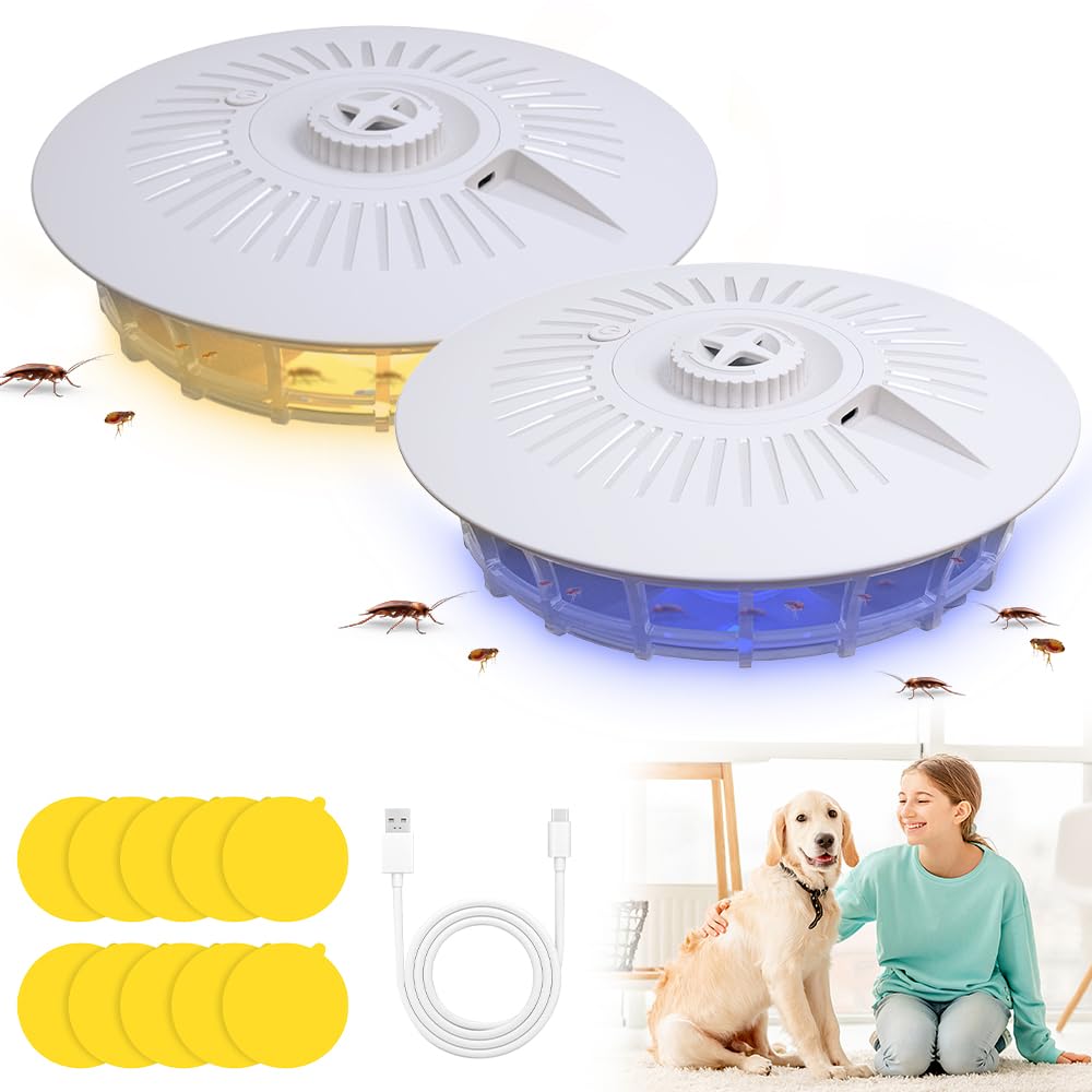 Pulgas Eliminar Casa, 2PCS Trampa para Pulgas, Lámpara Antipulgas con 14 Almohadillas Adhesivas, 4 Modos Flea Trap para salón, Cocina