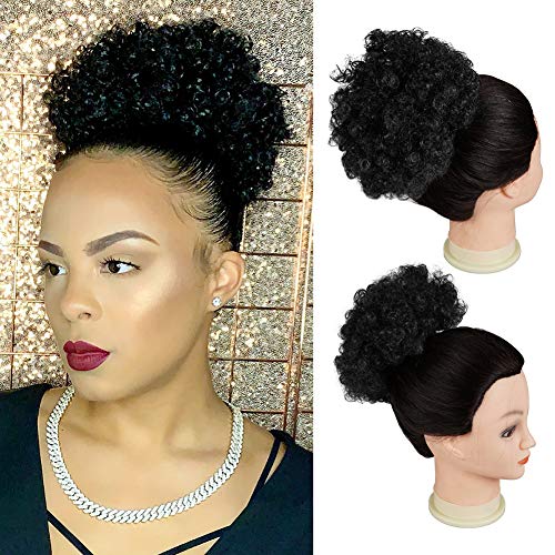 Afro Puff Drawstring Ponytail for Black Women Short Curly Synthetic Hair Bun Extension, Updo Ponytail Hair Piece with Two Clips (1B#)