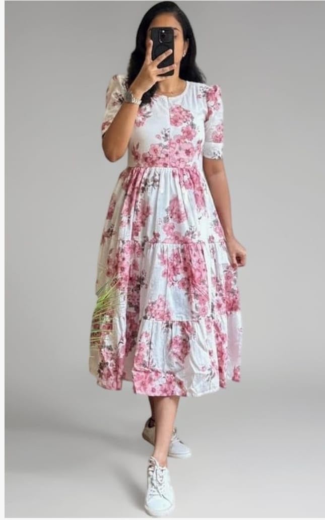 Women's Floral Print Tiered Midi Dress, White and Pink, Short Sleeve, Round Neck, Casual Summer Wear (in, Alpha, M, Regular, White)-picture-34