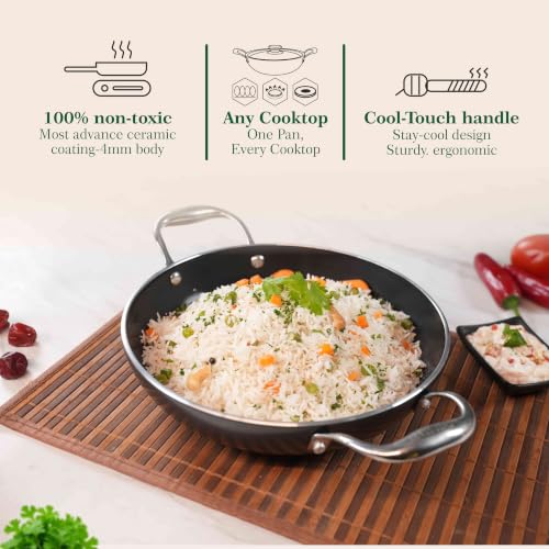 Image of The Chef Story Mycera Quantaseal Ceramic Coated Kadhai with SS Lid | 24cm-2.1L | PFOA & PFAS-Free | TUV Rheinland & BIS Certified | Non-Stick | Gas & Induction Compatible | Black | 5-Year Warranty