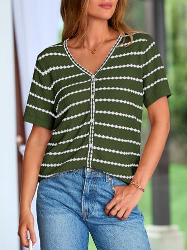 Image of NALANISA Women's Short Sleeve Sweater Spring Summer Crochet Knit Tops 2026 V Neck Striped Button Down Dressy Casual Blouses