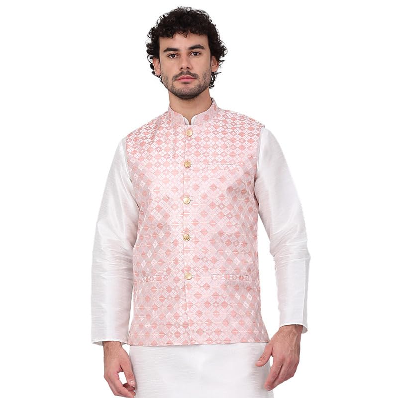 kraft india Men's Sequins Silk Jacquard Sleeveless Nehru Jacket, Size- Small-picture-36