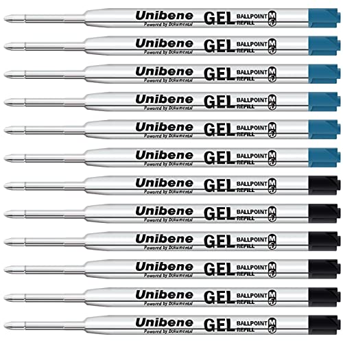 Image of Unibene Parker Compatible Gel Ink Ballpoint Refills 12 Pack,0.7mm Medium Point- 6 Black&6 Blue, Smooth Writing Replaceable German Ink Tactical Pen Refills for Parker Ballpoint /UZI Pen
