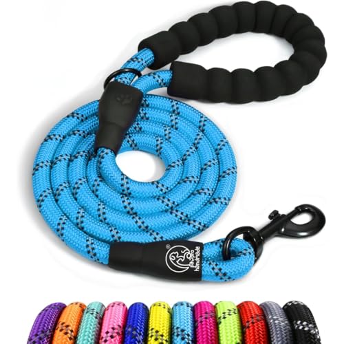 Image of PAWPRO HANDMADE 5 Ft Heavy‑Duty Reflective Dog Leash - Soft Padded Handle + 360 Swivel Clip - Strong Nylon Rope, Tangle‑Free, Safe Night Walks - Ideal for, Medium & Large Dogs (Aqua Woof, 5 Feet)