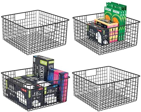 mDesign Farmhouse Metal Wire Storage Basket Bin with Handles for Home Office, Filing Cabinets, Shelves - Organizer for School Supplies, Pens, Pencils, Notepads, Staplers, Envelopes - 4 Pack - Black
