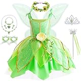 JingDan Flowers Fairy Costume Princess Dress Up Set for Girls Tinker Bell Toddler Clothes Halloween Cosplay Costume with Wing, Green (5-6T)