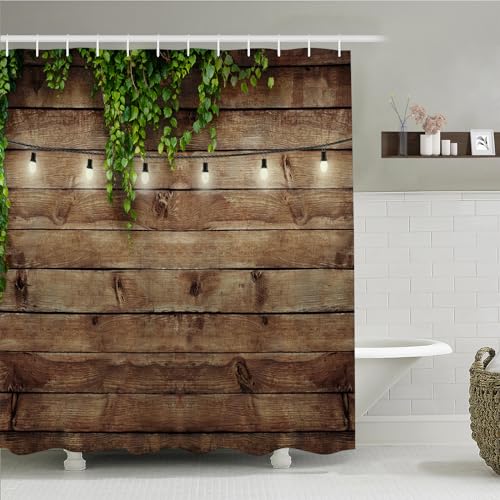 Simpomsy Garden Shower Curtain Outdoor Vintage Rustic Wooden Board Door Shower Curtain Waterproof Polyester Fabric Countryside Life Bathroom Curtain with 12 Hooks 180x180cm