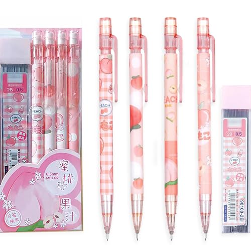 SHIDESHIN(シデシン) かわいい漫画のシャープペンシル4本セット チューブ付き 0.5mm 鉛筆替芯 新学期ギフト 子供 女の子 男の子 学生用 (ピンク)