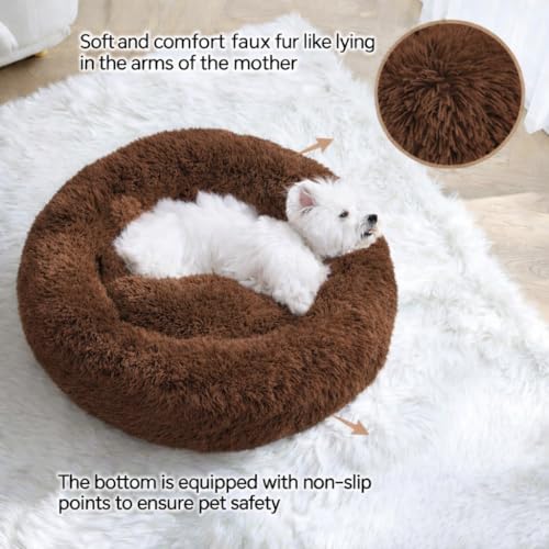 Image of ZEXSAZONE Plush Donut Dog Bed for Dogs & Cats | Soft Calming Anti-Anxiety Pet Bed | Warm Cozy Winter Dog Bed for Puppies | Washable Round Bed (Brown Small)