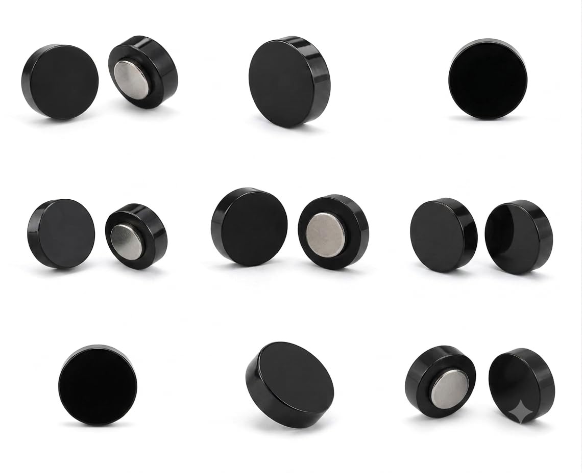 Black Round Magnetic Stud Earrings, Non-Piercing Clip-On-image-12