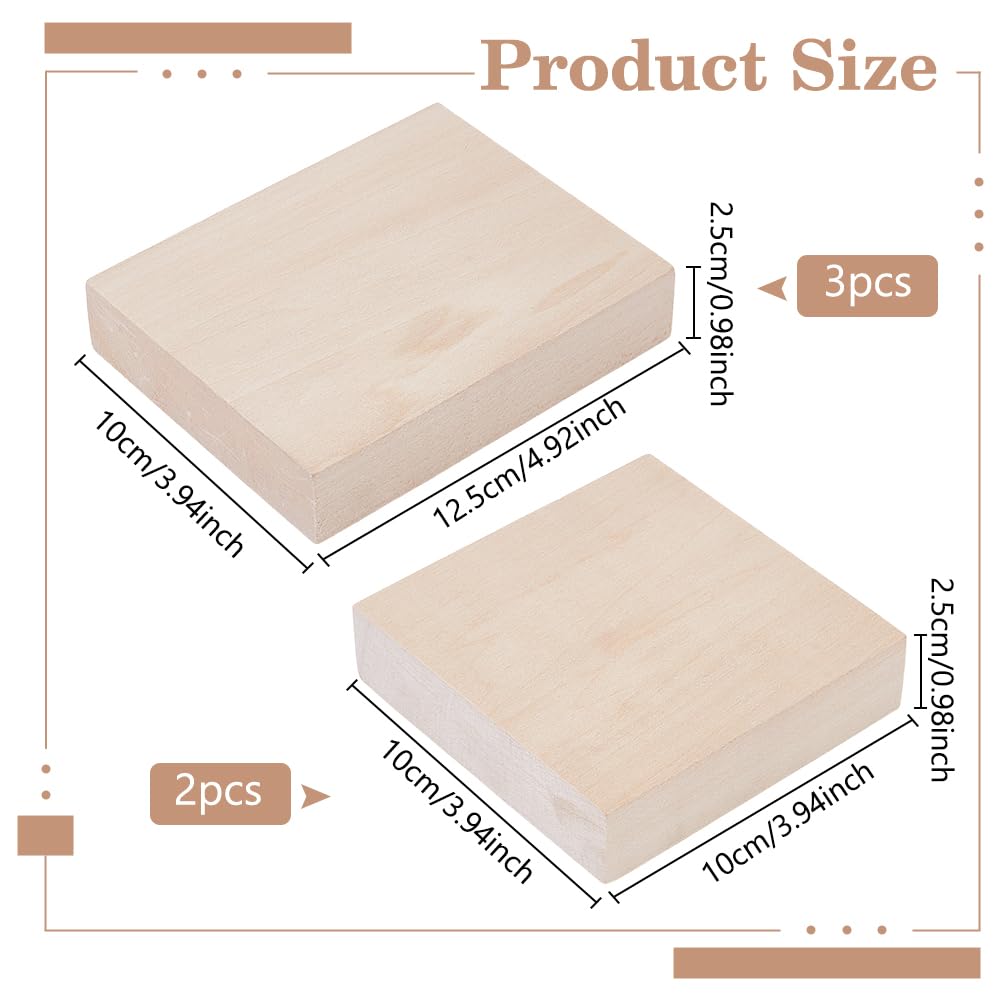 BENECREAT 5 pz di Blocchi per Intaglio In Tiglio, Kit di Blocchi di Legno Grezzo per Intaglio Quadrato per Arte e Artigianato Fai Da Te, Intaglio, Intaglio, 10x10x2.5cm e 12.5x10x2.5cm