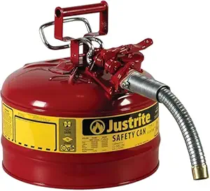 Justrite Type II AccuFlow Steel Safety Can for flammables, 2.5 gal. , S/S flame arrester, 1 metal hose
