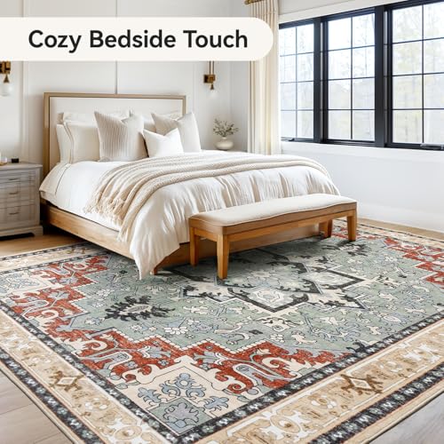 Lofus 6x9 Area Rugs for Living Room, Floral Washable Area Rug for Bedroom, Office, Dining Room, Non-Slip Vintage Boho Rug, Low-Pile Soft Carpet, Traditional Oriental Style, Beige Orange