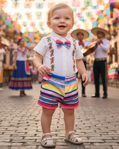 HINTINA 6 Month Infant Baby Boy Embroidery Mexican Outfits Ethnic Wear Cinco De Mayo Fiesta Party Clothes Traditional Mexico Themed Gentleman Clothing, White, 6-12 Months — view 2