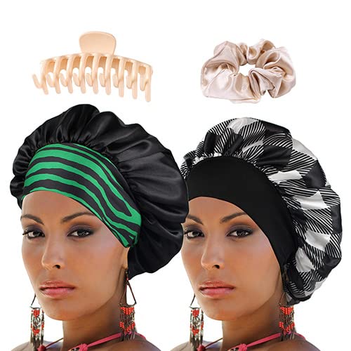 4PCS Satin Bonnet Silk Bonnet Sleeping Cap for Women Adjustable Extra Large Bonnet for Curly Hair Silk Hair Wrap for Sleeping Wide Band Bonnet, Hair Scrunchies and Hair ClawClips