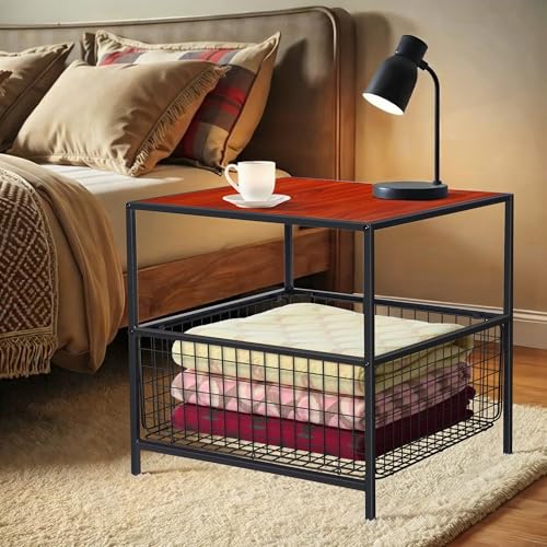 Nouva End Table, 20 Inch Square Side Table w/Mesh Storage Basket, 2-Tier Nightstand Storage Shelf Metal Frame for Living