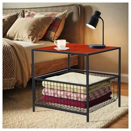 Nouva 20 Inch Side Table with Wire Storage Basket Mini Fridge Stand Coffee Table End Table Nightstand for Living Room Bedroom Red Mahogany Wood Grain